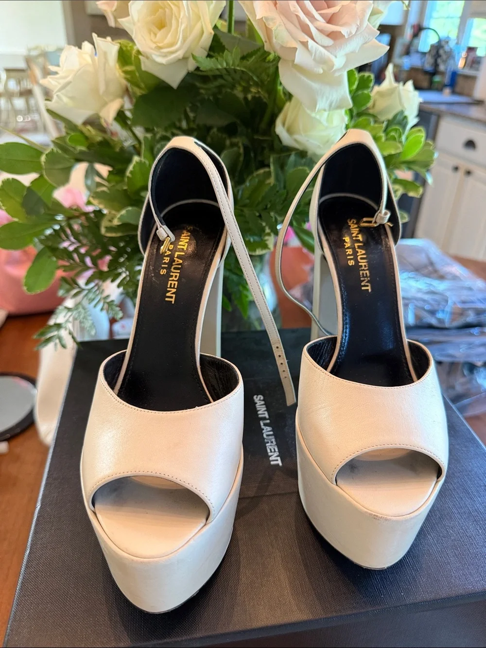 Saint Laurent Cream Platform Peep-Toe Slingback Heels